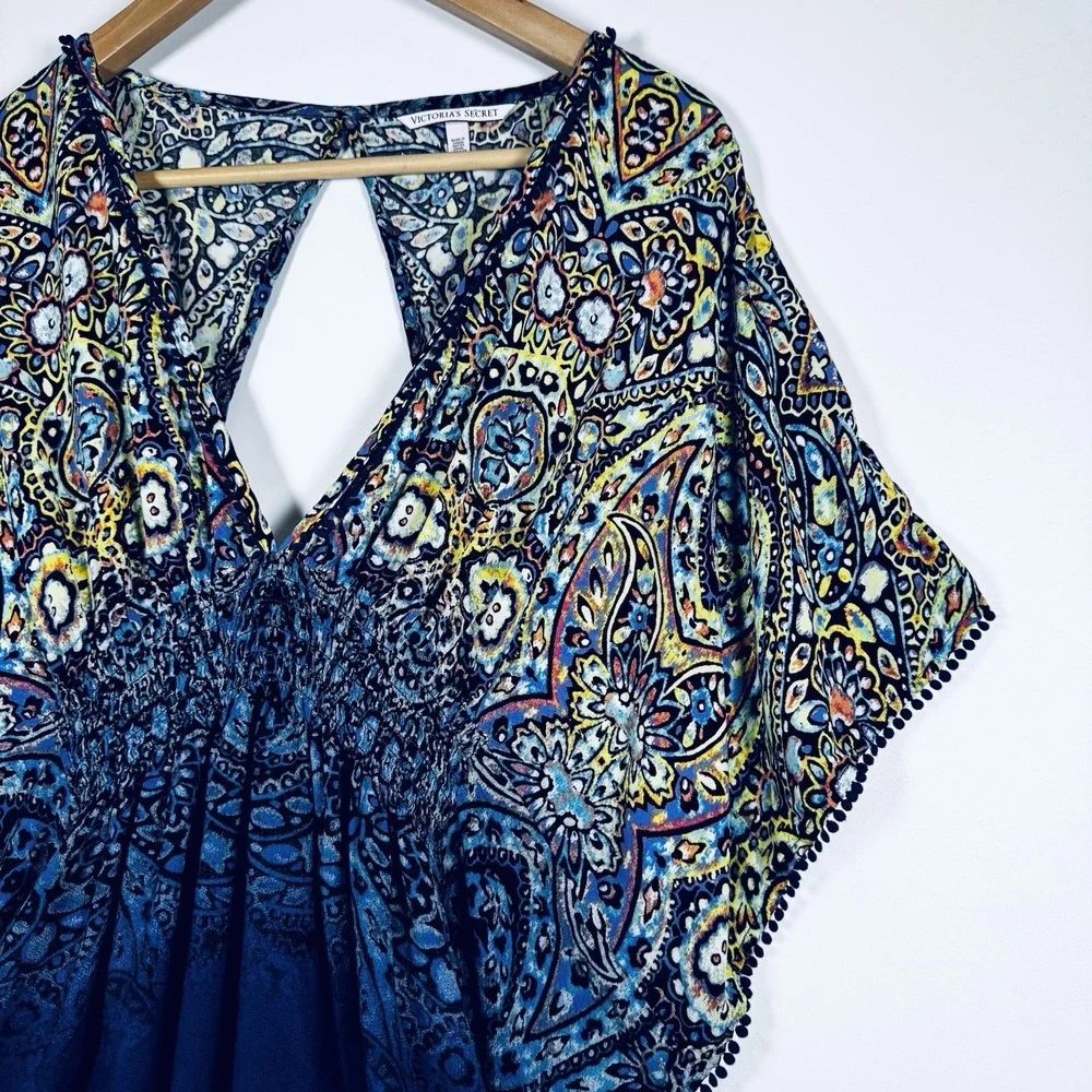 Victoria‎ Secret Paisley Boho Tunic Top Womens Small Blue Ruched  Blouse